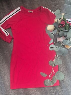 Inspired Hearts Red Long-Sleeve Tee Dress with White & Black Stripe Sleeves Larg